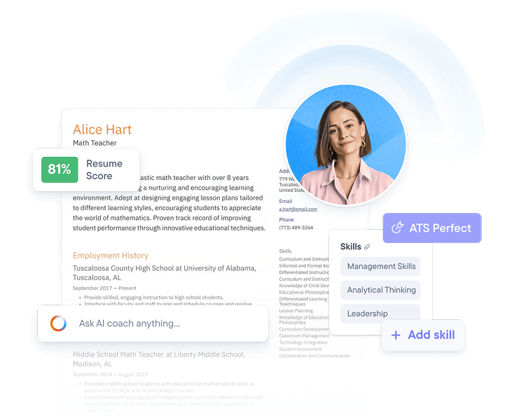 Illustrative resume for Alice Hart, with a portrait, resume score and skills suggestions